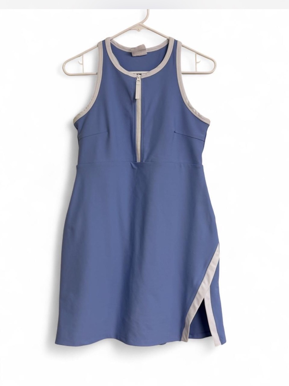Sleeveless Periwinkle Zip-Front Mini Dress with Cream Trim
